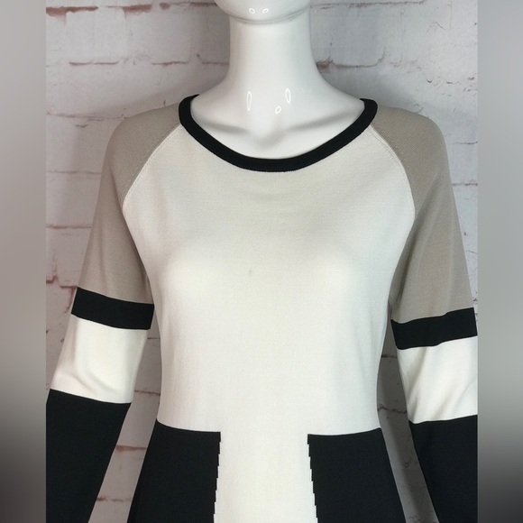 CALVIN KLEIN M Petite Colorblock Knit Long Sleeve Dress Black Taupe Cream MP - Picture 5 of 16